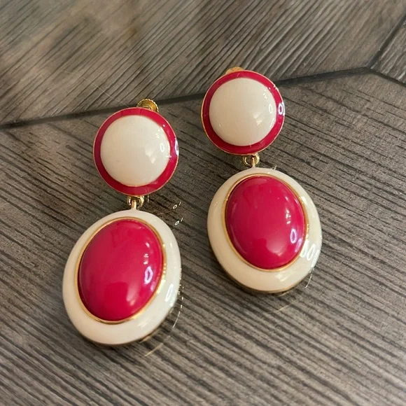Vintage Joan Rivers Red and Ivory Drop Enamel Clip Earrings - Picture 2 of 16